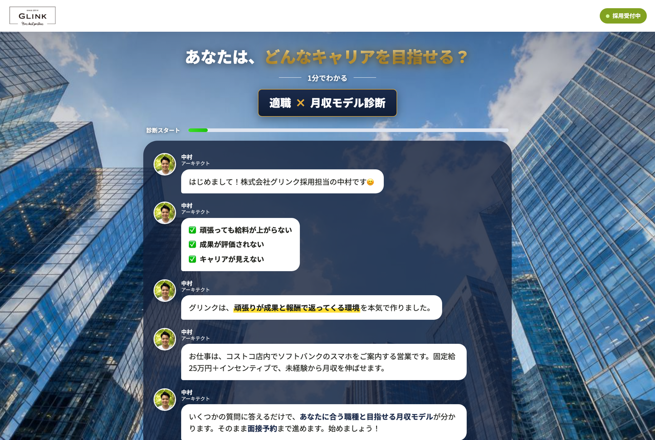グリンク 採用LPのトップページ